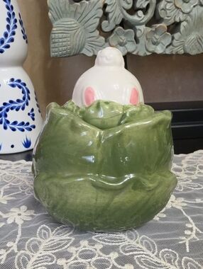 Whimsical Cupboard 'Strawberry Street' Ceramic Bunny Canister- Pale Green Rim